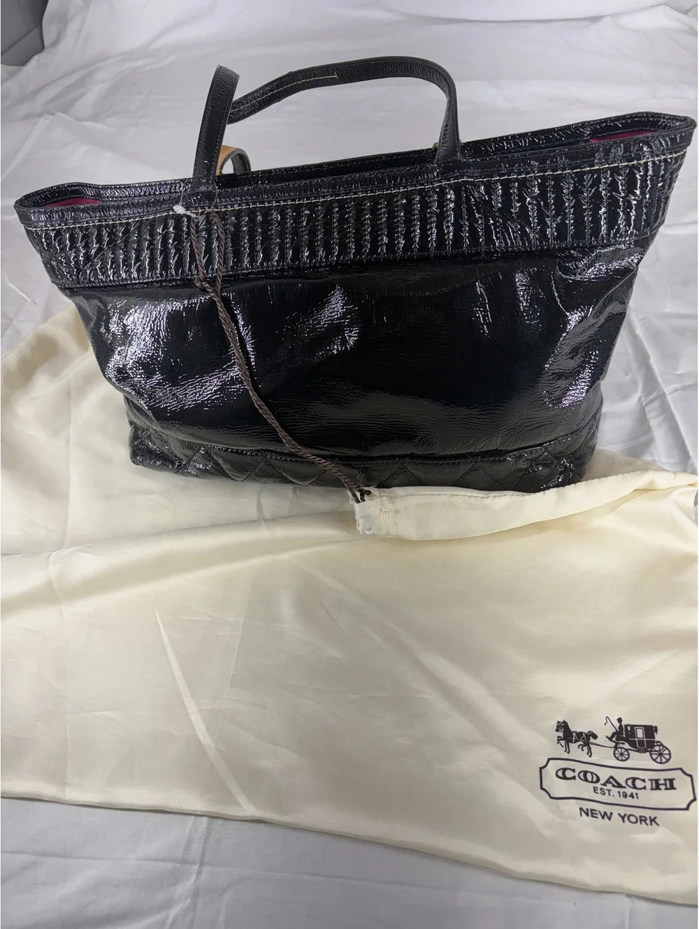 Coach Black Poppy Daisy Liquid Gloss Bag with Pink Lining. Dust Bag And Tags